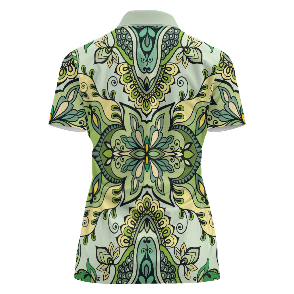 Indian Mandala Pattern Women Polo Shirt Green Geometric Floral Mandala