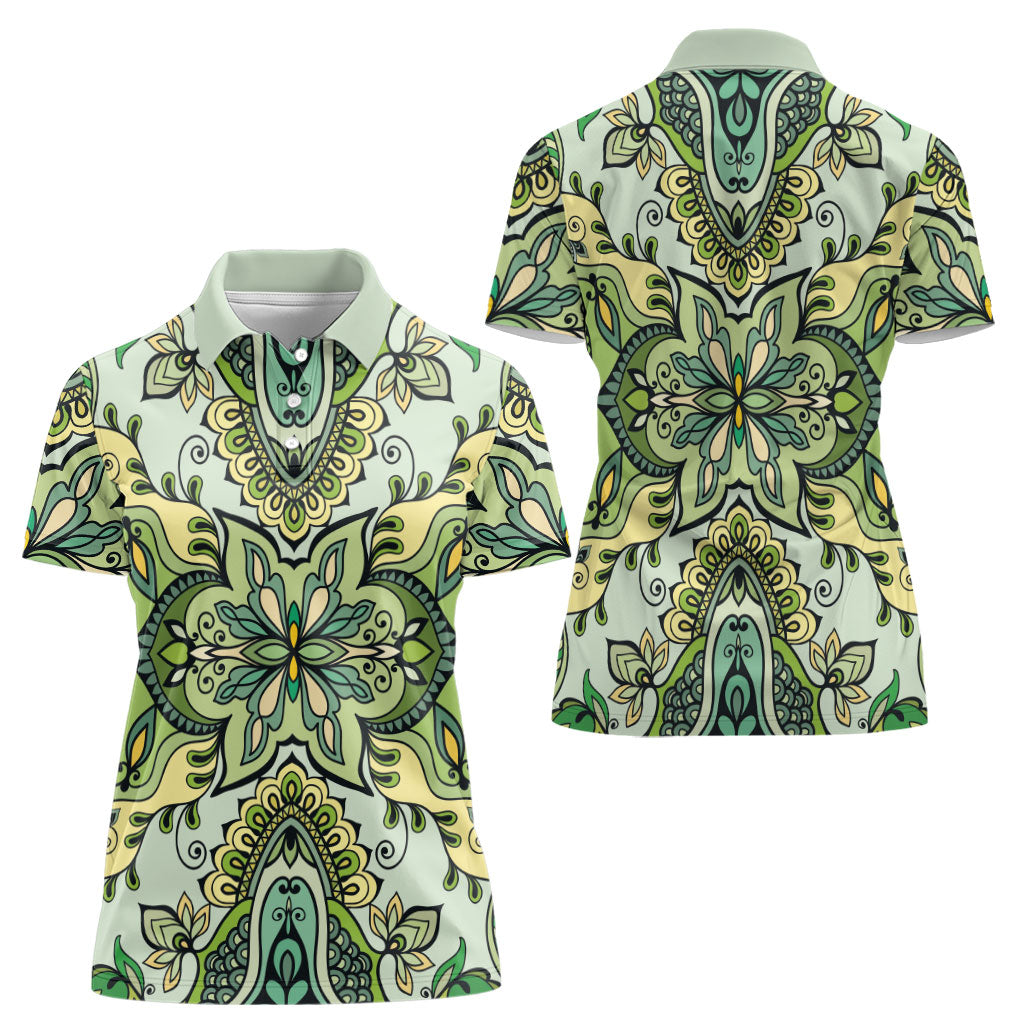 Indian Mandala Pattern Women Polo Shirt Green Geometric Floral Mandala