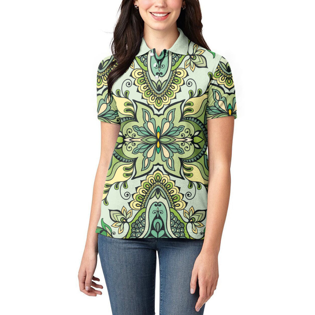Indian Mandala Pattern Women Polo Shirt Green Geometric Floral Mandala