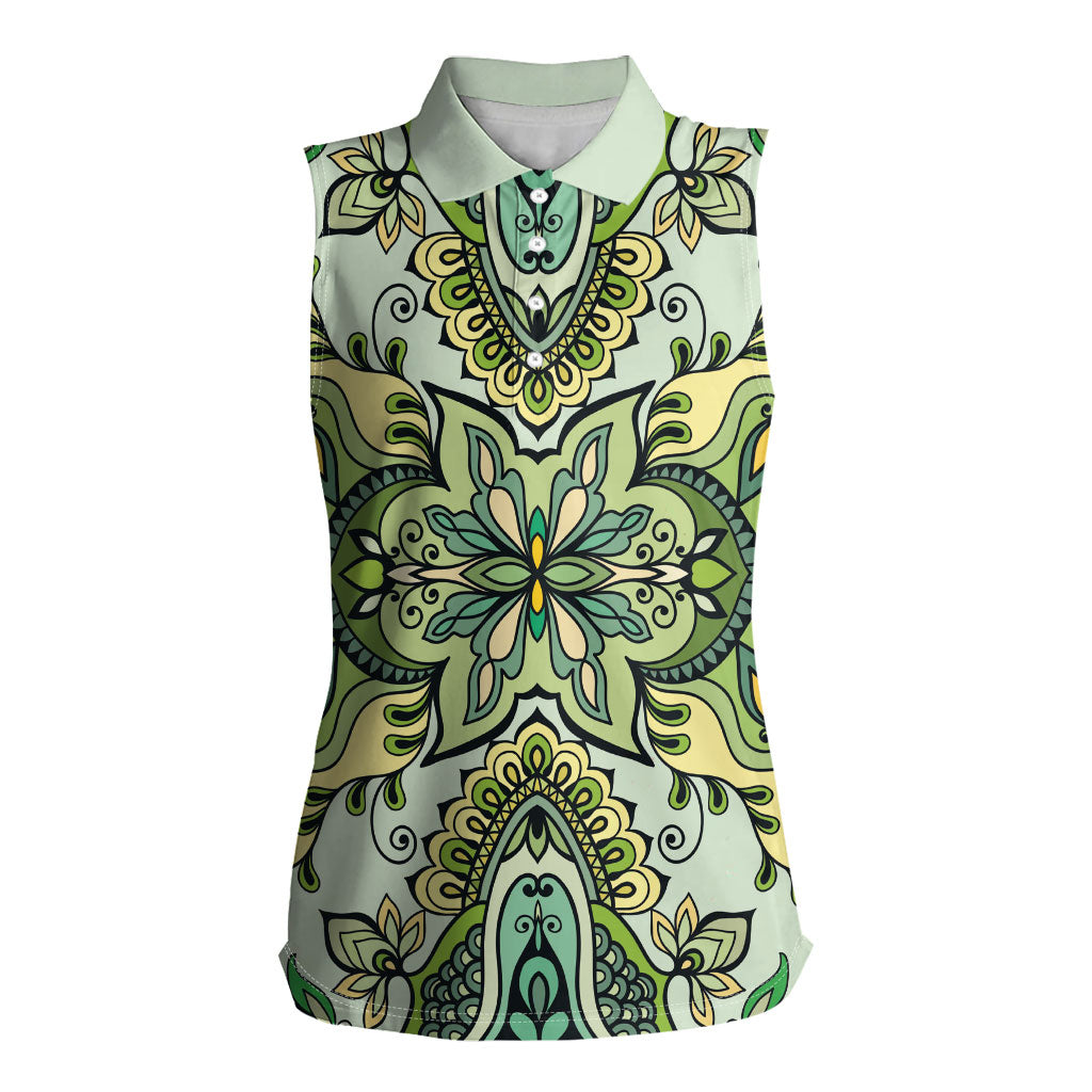 Indian Mandala Pattern Women Sleeveless Polo Shirt Green Geometric Floral Mandala