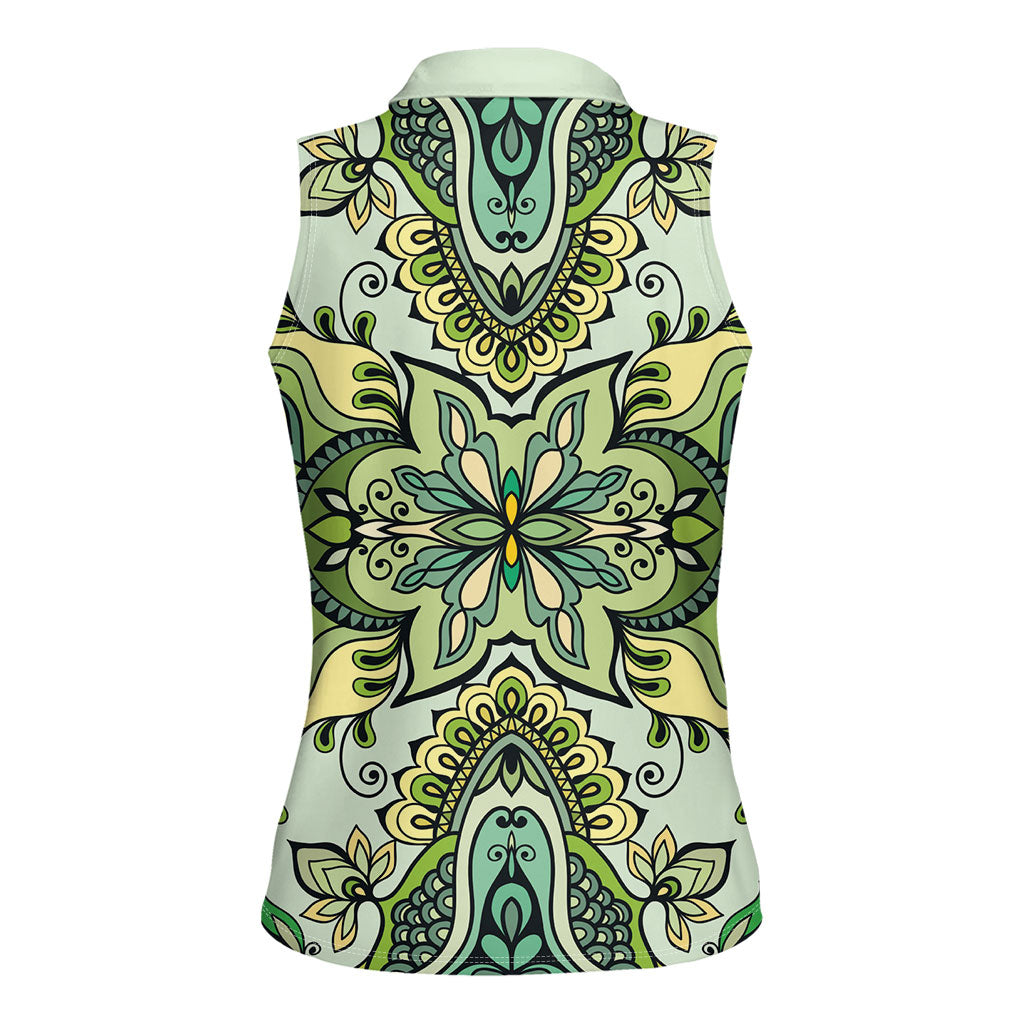 Indian Mandala Pattern Women Sleeveless Polo Shirt Green Geometric Floral Mandala