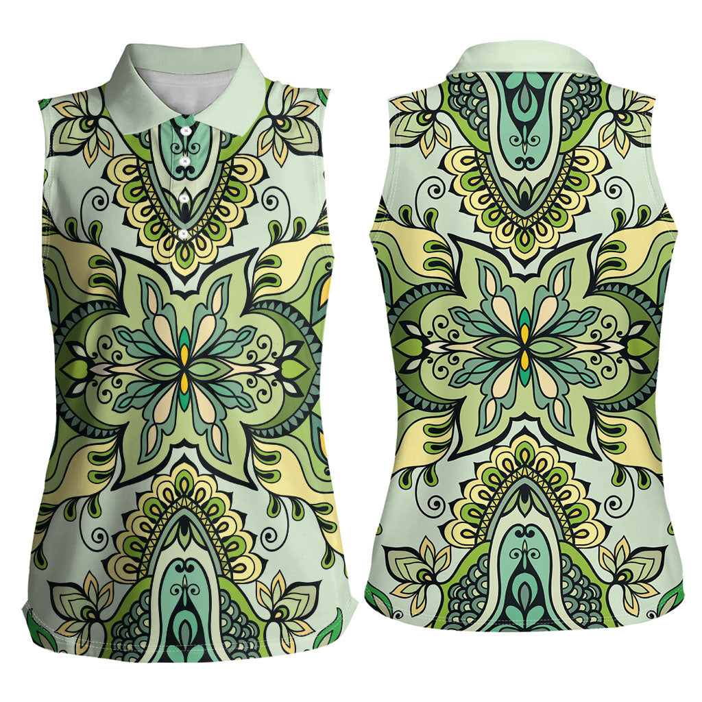 Indian Mandala Pattern Women Sleeveless Polo Shirt Green Geometric Floral Mandala