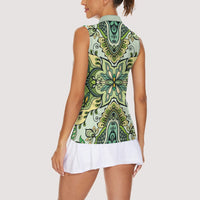 Indian Mandala Pattern Women Sleeveless Polo Shirt Green Geometric Floral Mandala
