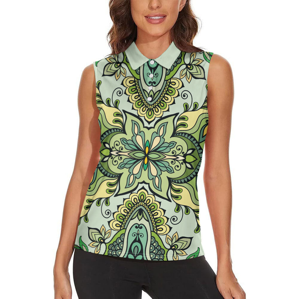 Indian Mandala Pattern Women Sleeveless Polo Shirt Green Geometric Floral Mandala
