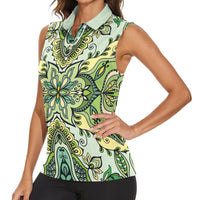 Indian Mandala Pattern Women Sleeveless Polo Shirt Green Geometric Floral Mandala