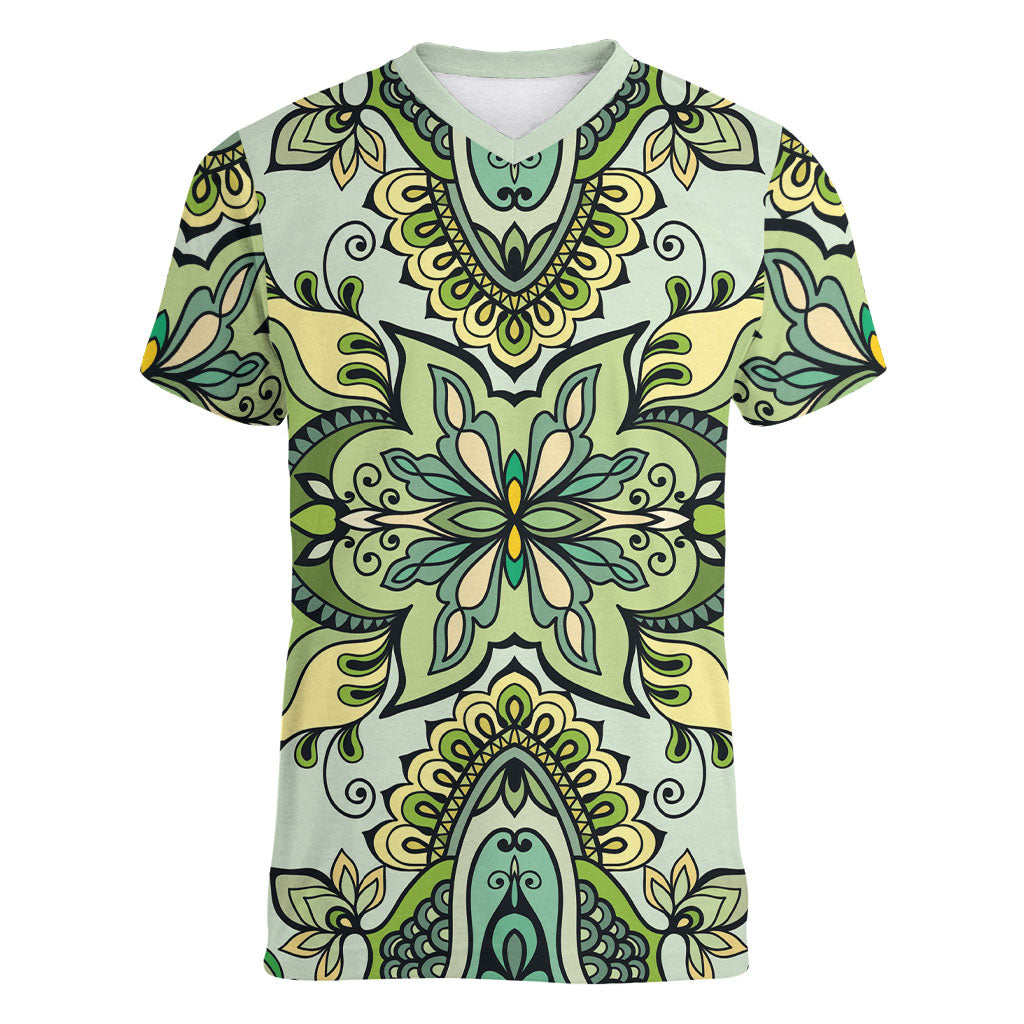 Indian Mandala Pattern Women V-Neck T-Shirt Green Geometric Floral Mandala