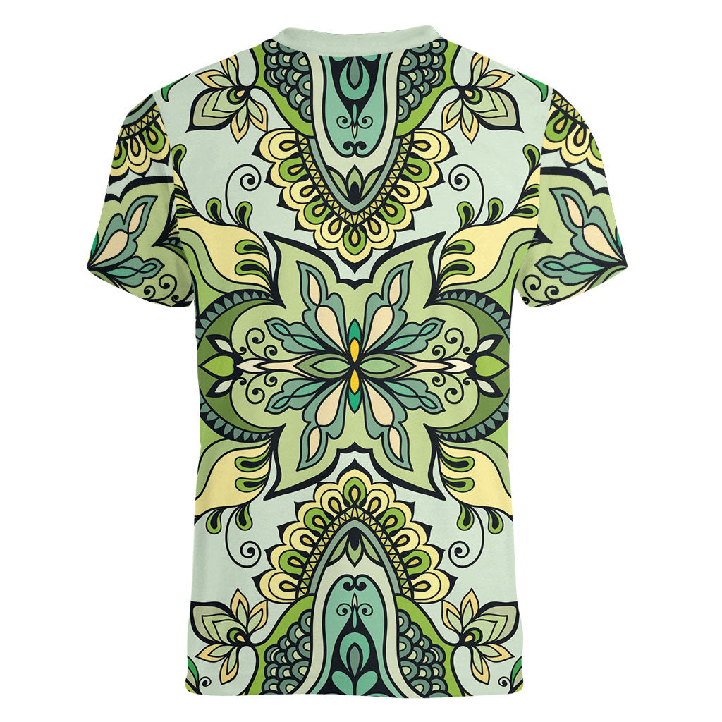 Indian Mandala Pattern Women V-Neck T-Shirt Green Geometric Floral Mandala