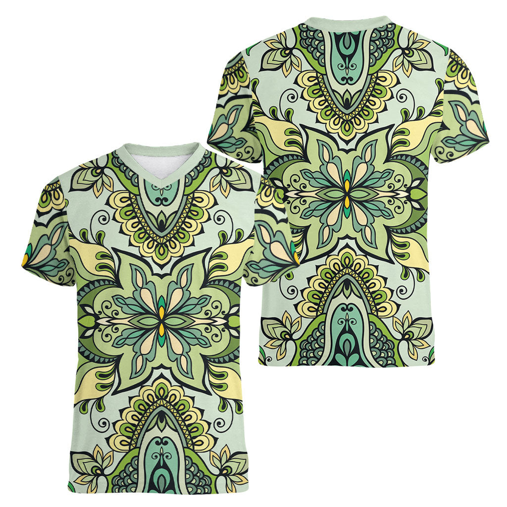 Indian Mandala Pattern Women V-Neck T-Shirt Green Geometric Floral Mandala