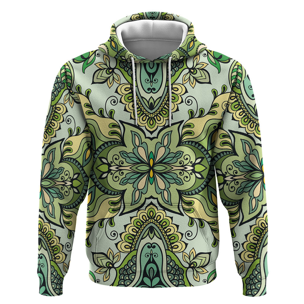 Indian Mandala Pattern Zip Hoodie Green Geometric Floral Mandala