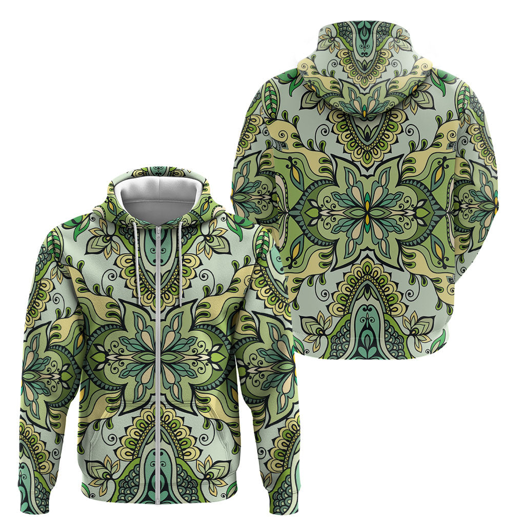 Indian Mandala Pattern Zip Hoodie Green Geometric Floral Mandala