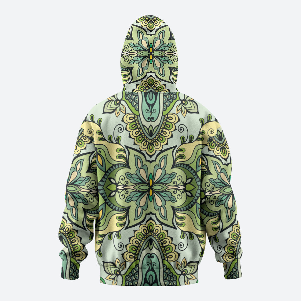Indian Mandala Pattern Zip Hoodie Green Geometric Floral Mandala