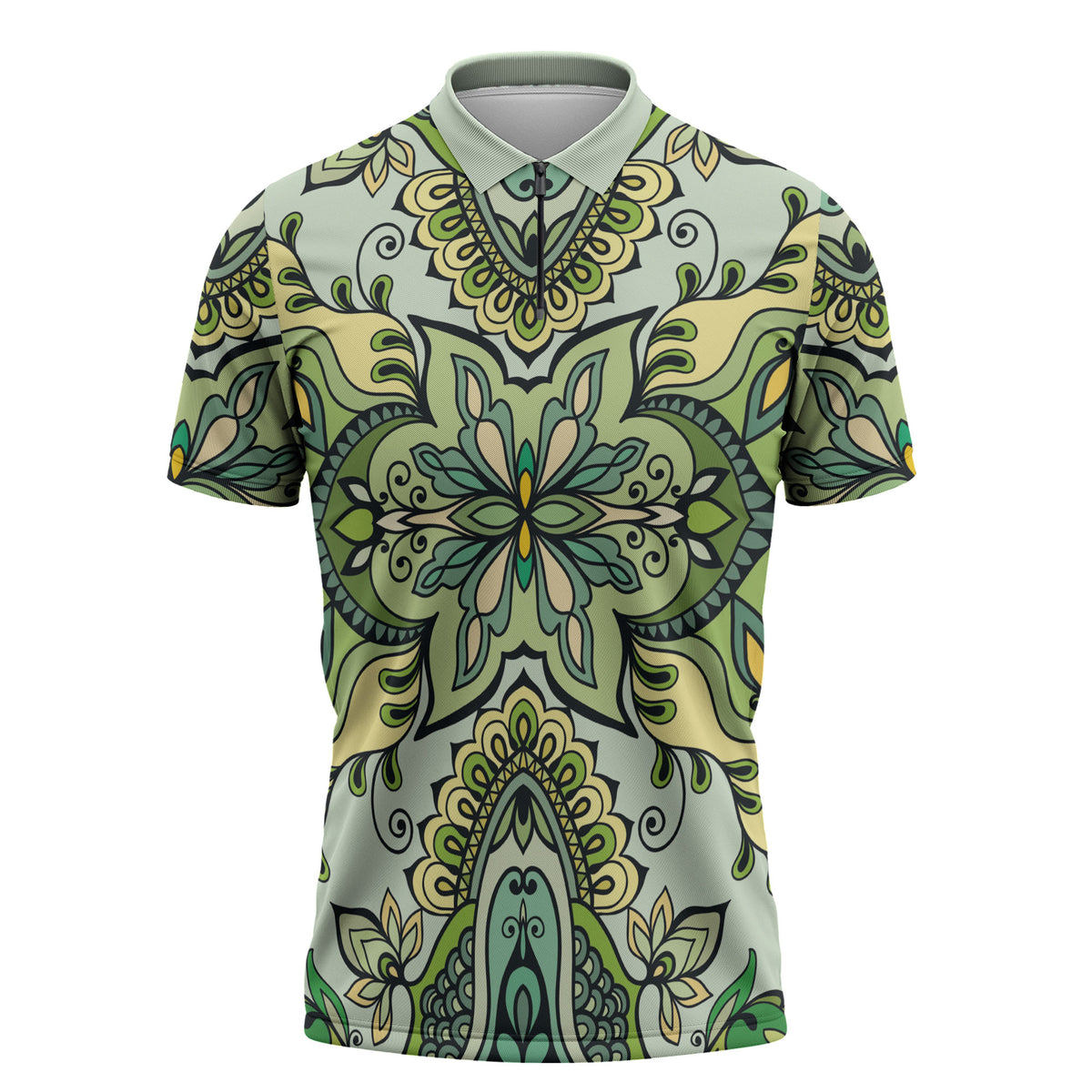 Indian Mandala Pattern Zipper Polo Shirt Green Geometric Floral Mandala