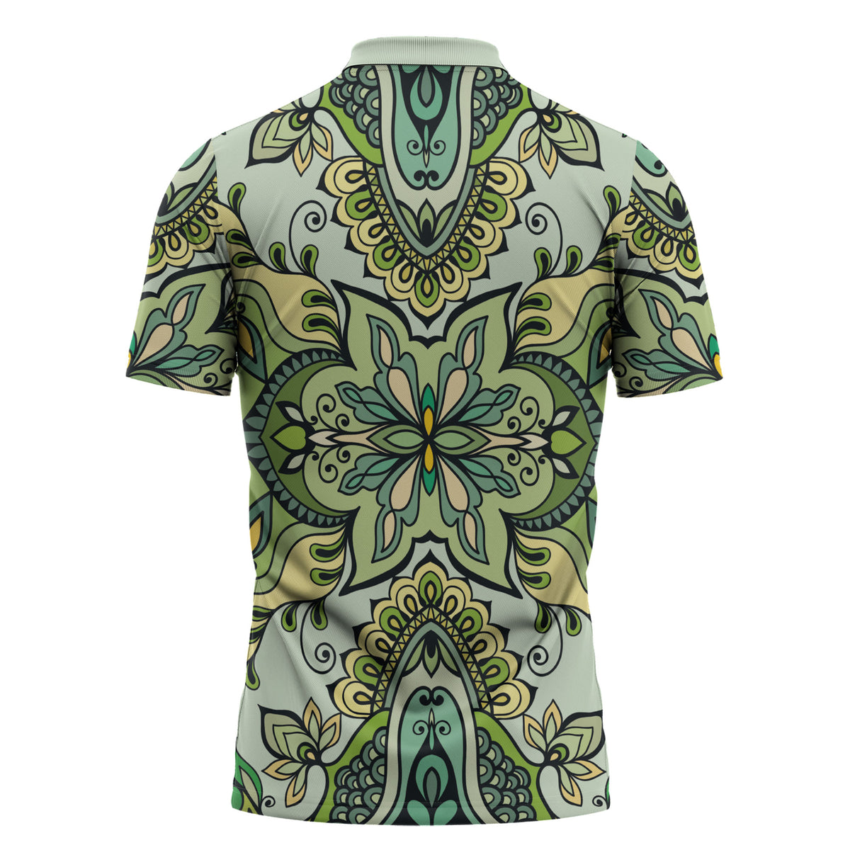 Indian Mandala Pattern Zipper Polo Shirt Green Geometric Floral Mandala