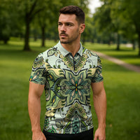Indian Mandala Pattern Zipper Polo Shirt Green Geometric Floral Mandala