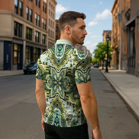 Indian Mandala Pattern Zipper Polo Shirt Green Geometric Floral Mandala