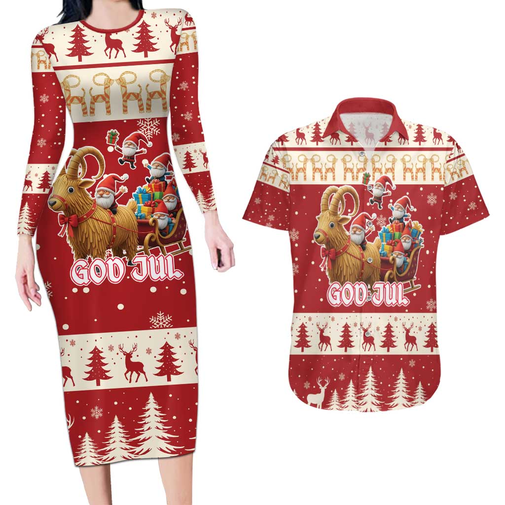 Sweden Christmas Couples Matching Long Sleeve Bodycon Dress and Hawaiian Shirt God Jul Nordic Julbock - Wonder Print Shop