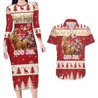 Sweden Christmas Couples Matching Long Sleeve Bodycon Dress and Hawaiian Shirt God Jul Nordic Julbock - Wonder Print Shop