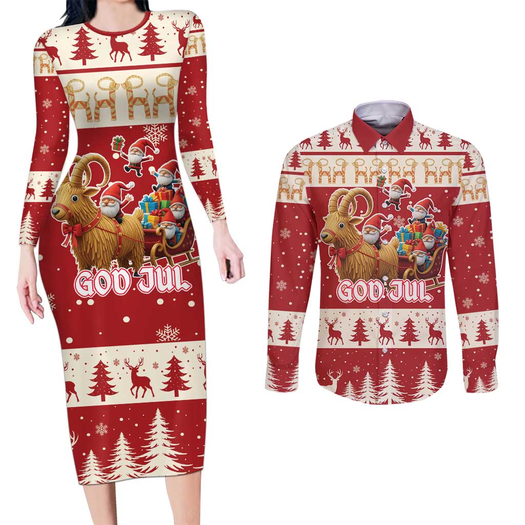Sweden Christmas Couples Matching Long Sleeve Bodycon Dress and Long Sleeve Button Shirt God Jul Nordic Julbock - Wonder Print Shop
