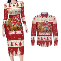 Sweden Christmas Couples Matching Long Sleeve Bodycon Dress and Long Sleeve Button Shirt God Jul Nordic Julbock - Wonder Print Shop