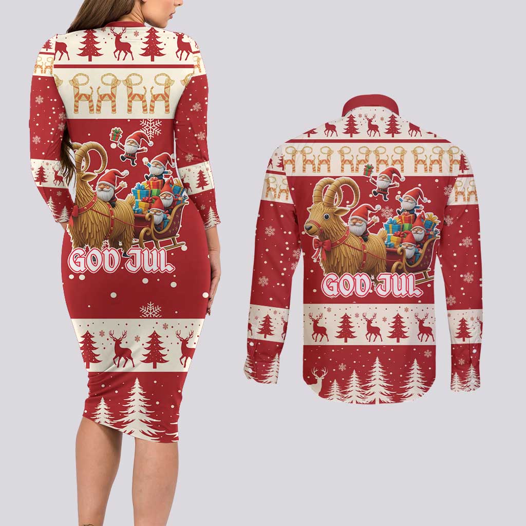 Sweden Christmas Couples Matching Long Sleeve Bodycon Dress and Long Sleeve Button Shirt God Jul Nordic Julbock - Wonder Print Shop