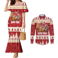 Sweden Christmas Couples Matching Mermaid Dress and Long Sleeve Button Shirt God Jul Nordic Julbock - Wonder Print Shop