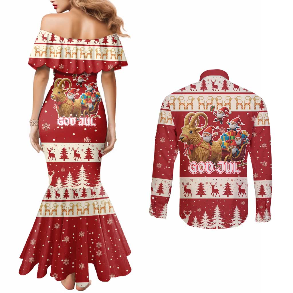 Sweden Christmas Couples Matching Mermaid Dress and Long Sleeve Button Shirt God Jul Nordic Julbock - Wonder Print Shop