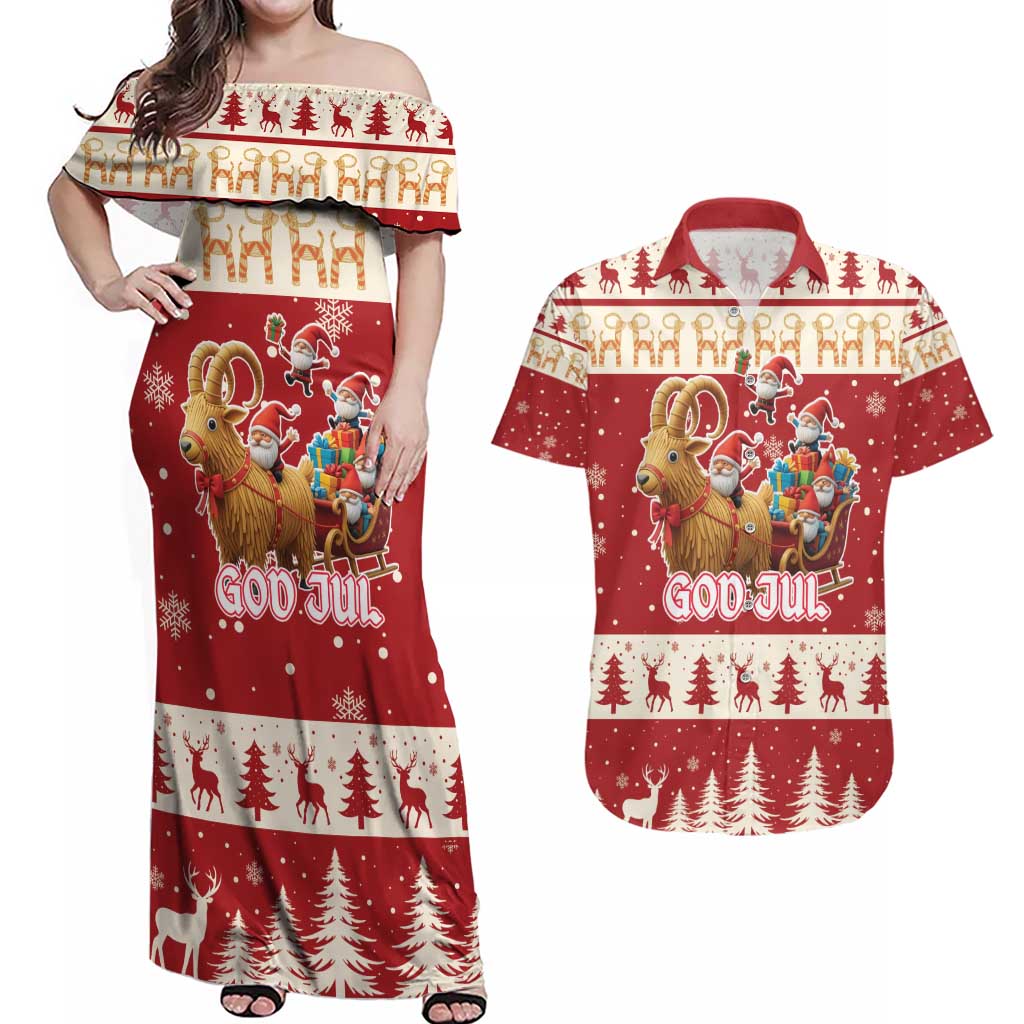 Sweden Christmas Couples Matching Off Shoulder Maxi Dress and Hawaiian Shirt God Jul Nordic Julbock - Wonder Print Shop