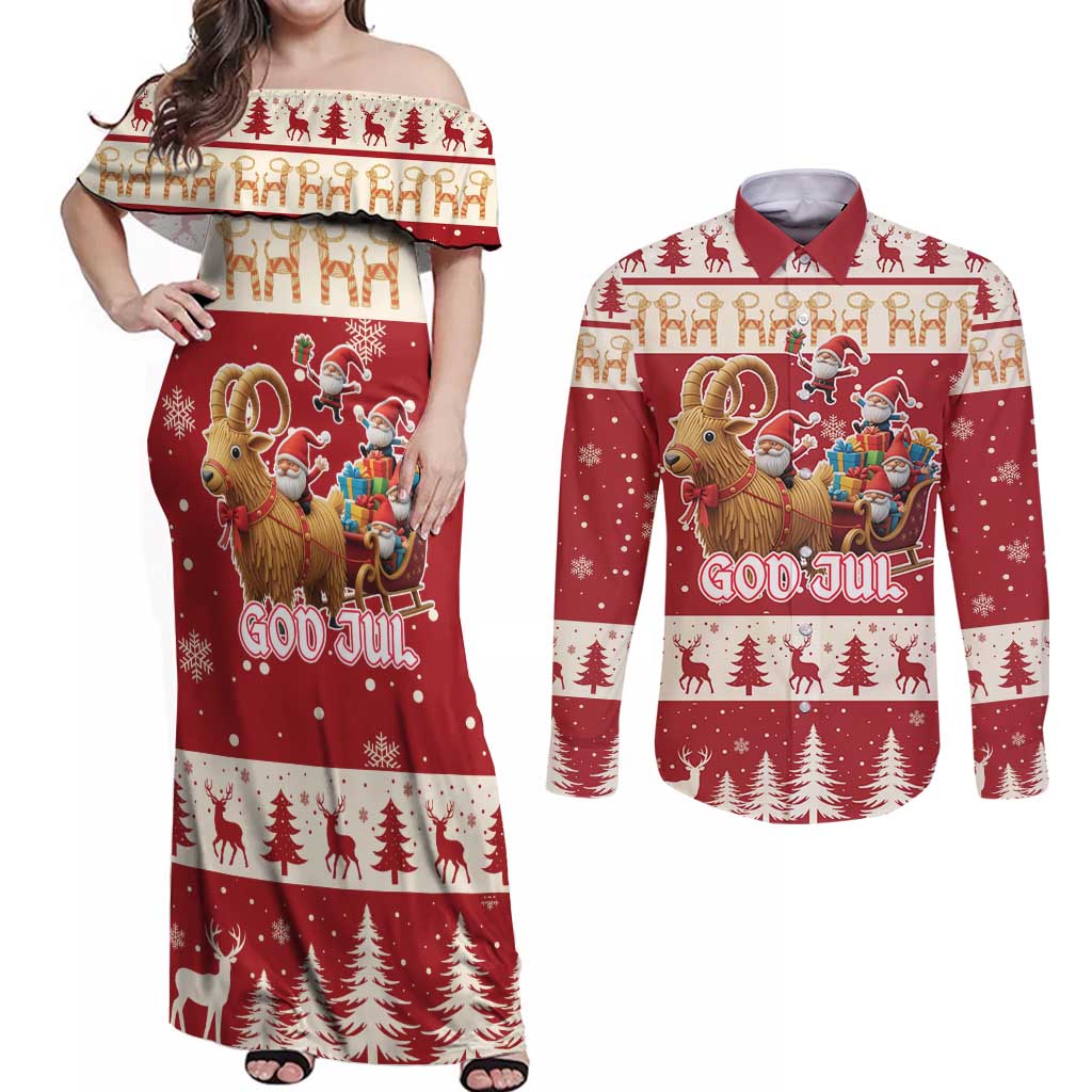 Sweden Christmas Couples Matching Off Shoulder Maxi Dress and Long Sleeve Button Shirt God Jul Nordic Julbock - Wonder Print Shop