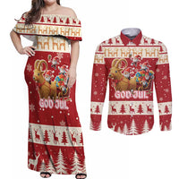 Sweden Christmas Couples Matching Off Shoulder Maxi Dress and Long Sleeve Button Shirt God Jul Nordic Julbock - Wonder Print Shop