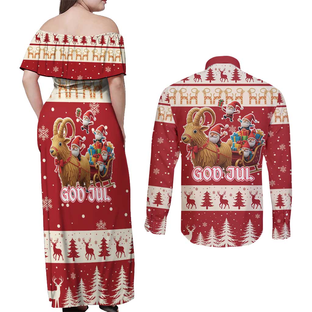 Sweden Christmas Couples Matching Off Shoulder Maxi Dress and Long Sleeve Button Shirt God Jul Nordic Julbock - Wonder Print Shop
