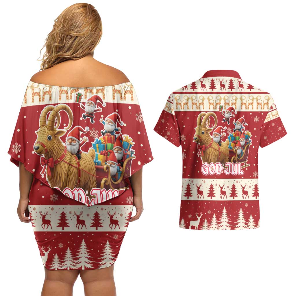 Sweden Christmas Couples Matching Off Shoulder Short Dress and Hawaiian Shirt God Jul Nordic Julbock - Wonder Print Shop