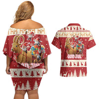 Sweden Christmas Couples Matching Off Shoulder Short Dress and Hawaiian Shirt God Jul Nordic Julbock - Wonder Print Shop