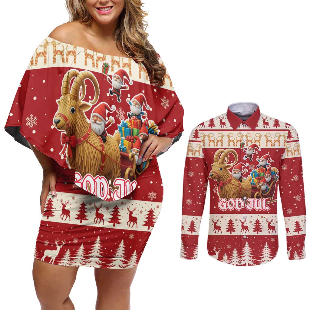 Sweden Christmas Couples Matching Off Shoulder Short Dress and Long Sleeve Button Shirt God Jul Nordic Julbock - Wonder Print Shop