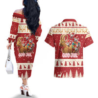 Sweden Christmas Couples Matching Off The Shoulder Long Sleeve Dress and Hawaiian Shirt God Jul Nordic Julbock - Wonder Print Shop