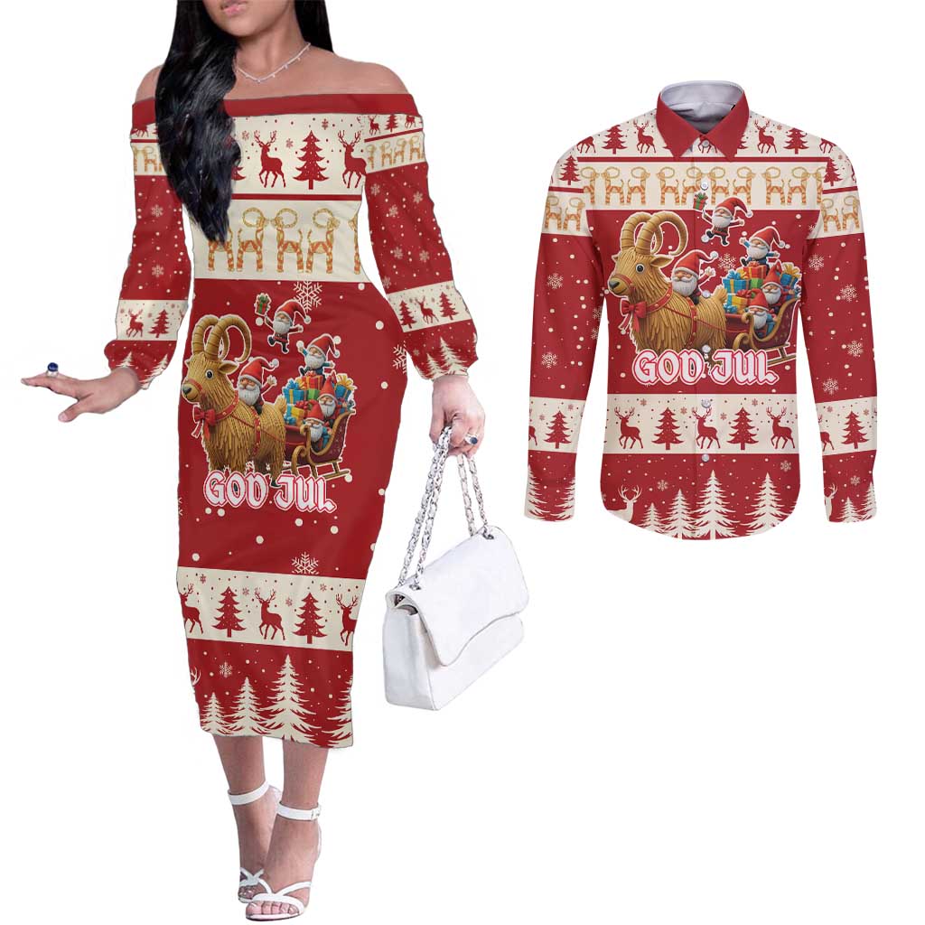 Sweden Christmas Couples Matching Off The Shoulder Long Sleeve Dress and Long Sleeve Button Shirt God Jul Nordic Julbock - Wonder Print Shop
