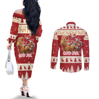 Sweden Christmas Couples Matching Off The Shoulder Long Sleeve Dress and Long Sleeve Button Shirt God Jul Nordic Julbock - Wonder Print Shop
