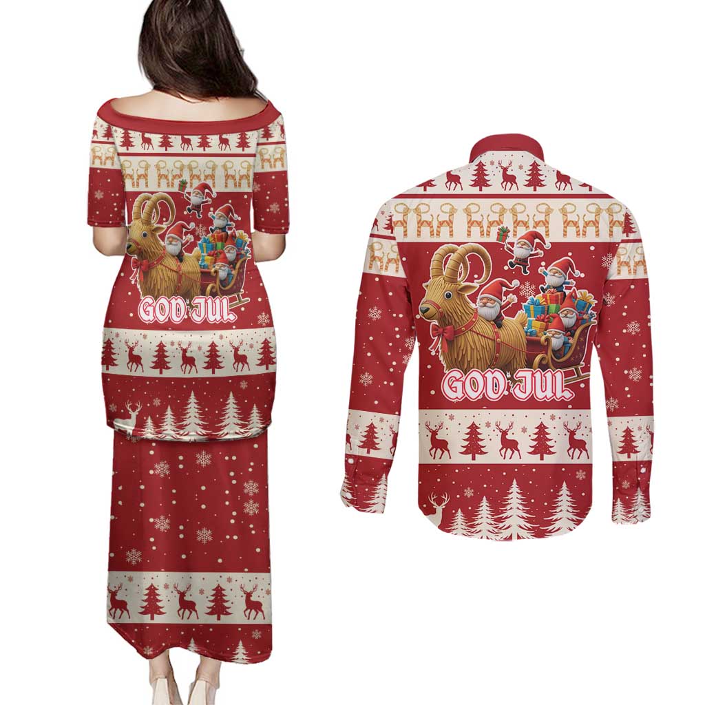 Sweden Christmas Couples Matching Puletasi and Long Sleeve Button Shirt God Jul Nordic Julbock - Wonder Print Shop