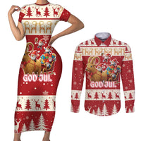 Sweden Christmas Couples Matching Short Sleeve Bodycon Dress and Long Sleeve Button Shirt God Jul Nordic Julbock - Wonder Print Shop