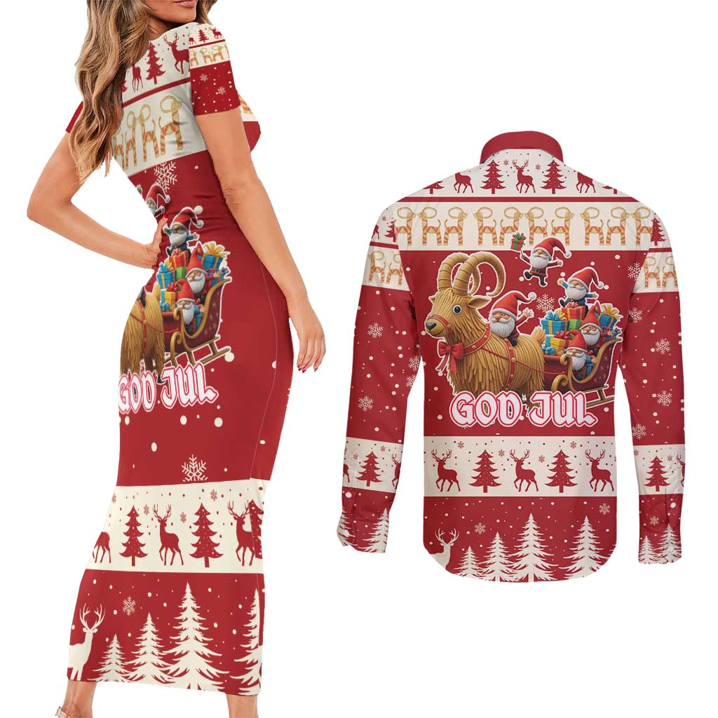 Sweden Christmas Couples Matching Short Sleeve Bodycon Dress and Long Sleeve Button Shirt God Jul Nordic Julbock - Wonder Print Shop