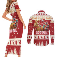 Sweden Christmas Couples Matching Short Sleeve Bodycon Dress and Long Sleeve Button Shirt God Jul Nordic Julbock - Wonder Print Shop