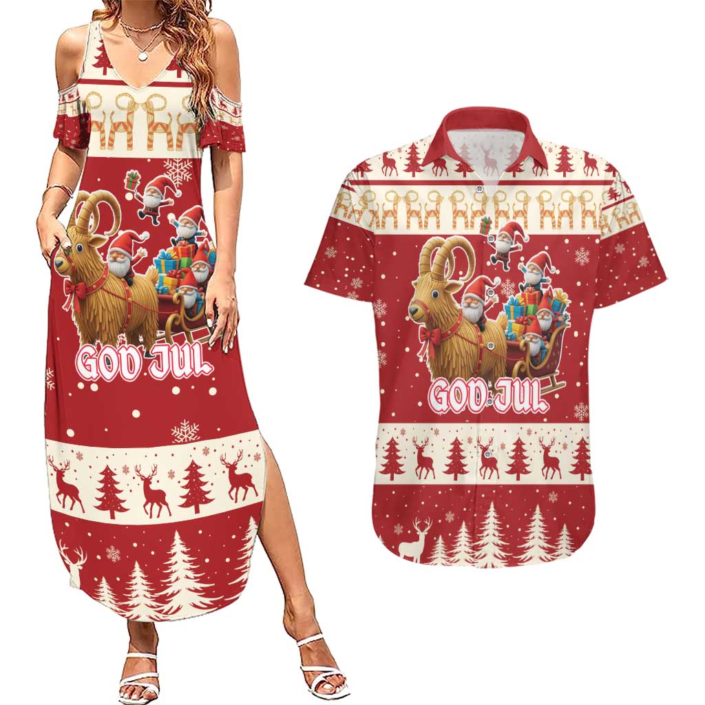 Sweden Christmas Couples Matching Summer Maxi Dress and Hawaiian Shirt God Jul Nordic Julbock - Wonder Print Shop