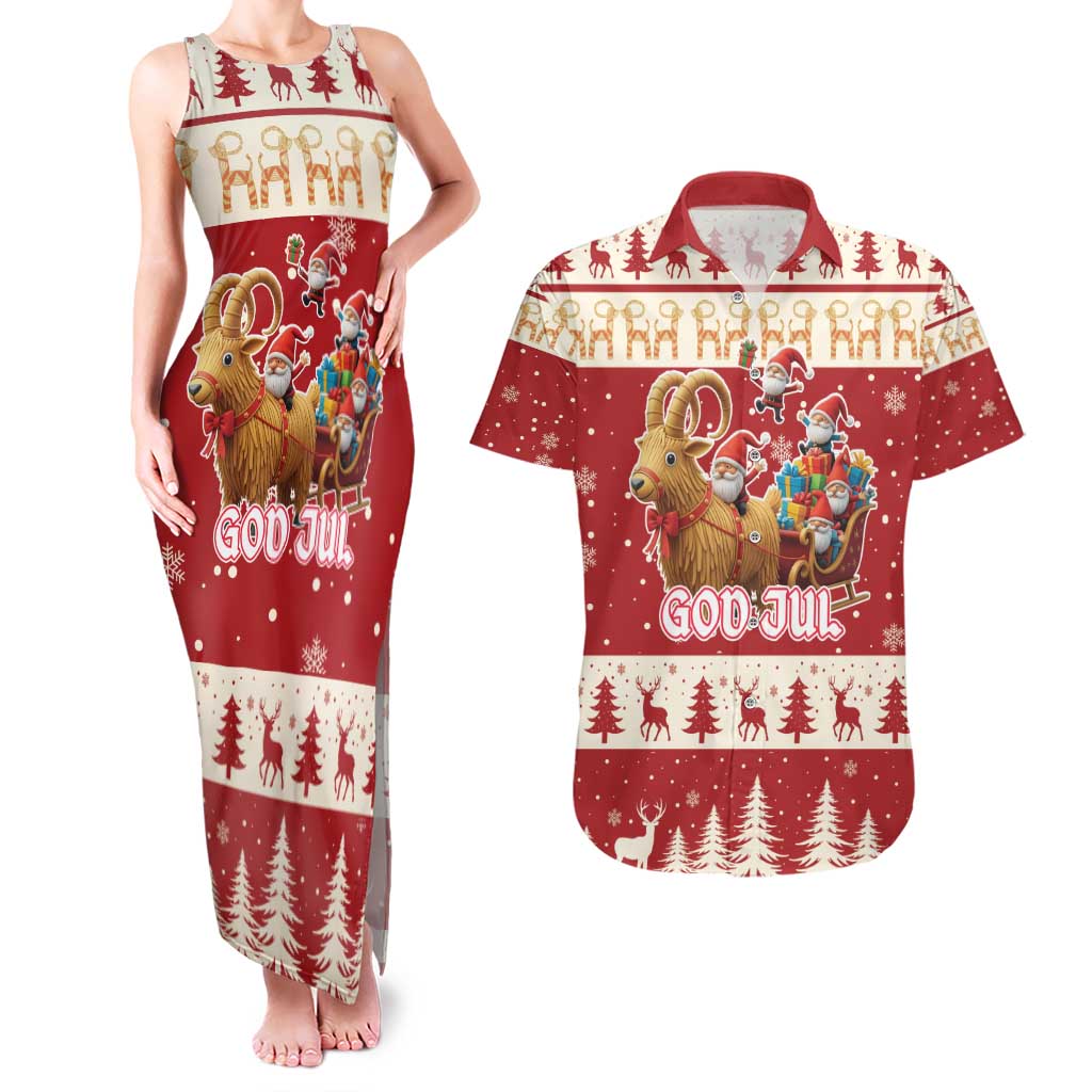 Sweden Christmas Couples Matching Tank Maxi Dress and Hawaiian Shirt God Jul Nordic Julbock - Wonder Print Shop