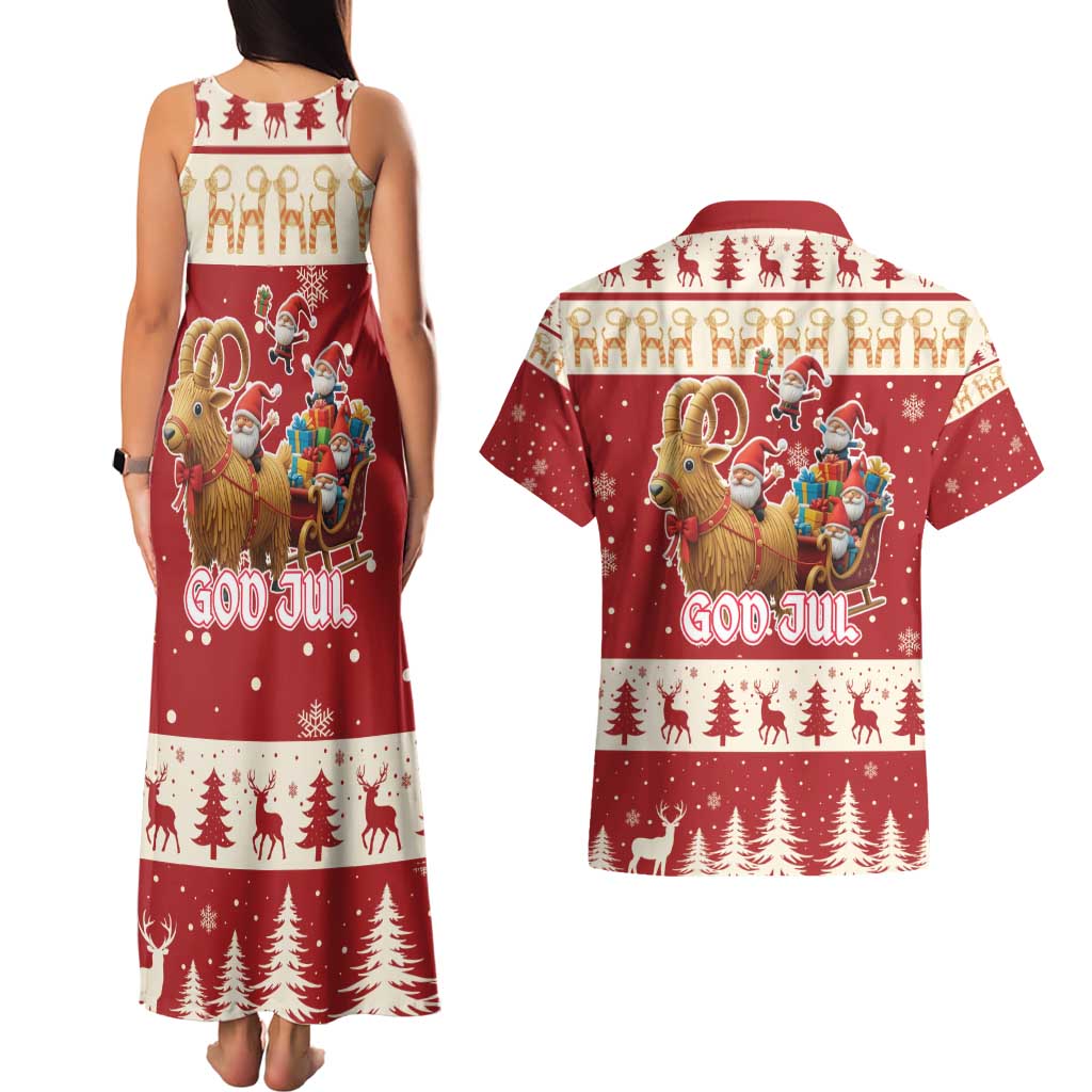 Sweden Christmas Couples Matching Tank Maxi Dress and Hawaiian Shirt God Jul Nordic Julbock - Wonder Print Shop