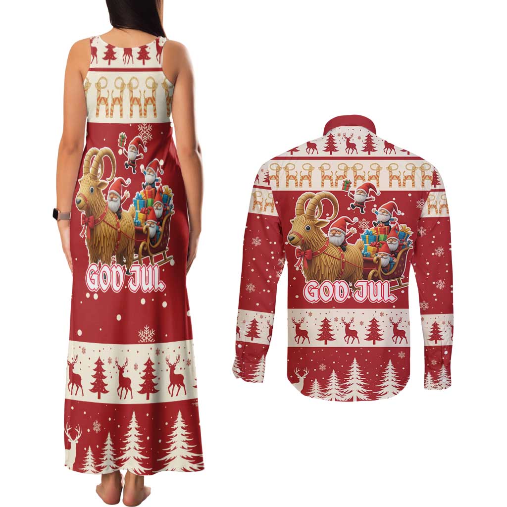 Sweden Christmas Couples Matching Tank Maxi Dress and Long Sleeve Button Shirt God Jul Nordic Julbock - Wonder Print Shop