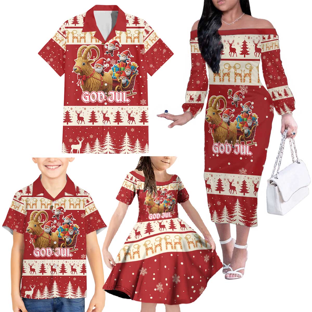 Sweden Christmas Family Matching Off The Shoulder Long Sleeve Dress and Hawaiian Shirt God Jul Nordic Julbock - Wonder Print Shop