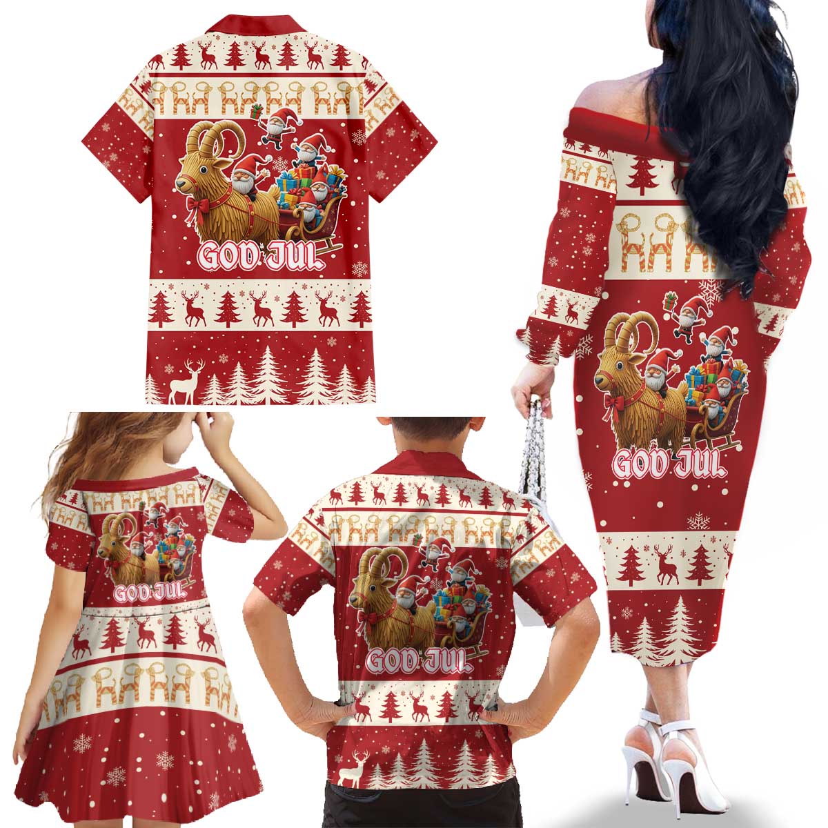 Sweden Christmas Family Matching Off The Shoulder Long Sleeve Dress and Hawaiian Shirt God Jul Nordic Julbock - Wonder Print Shop