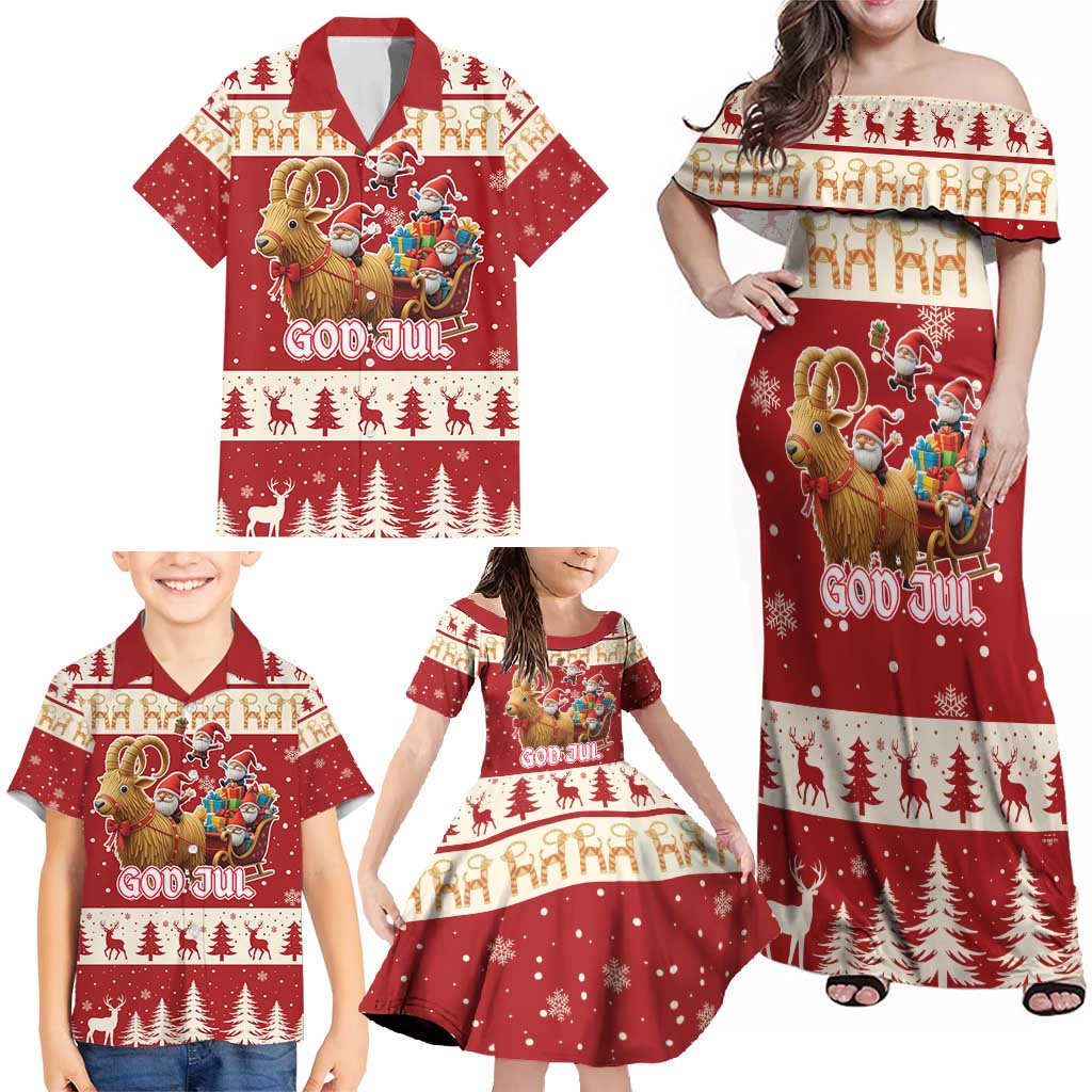 Sweden Christmas Family Matching Off Shoulder Maxi Dress and Hawaiian Shirt God Jul Nordic Julbock - Wonder Print Shop