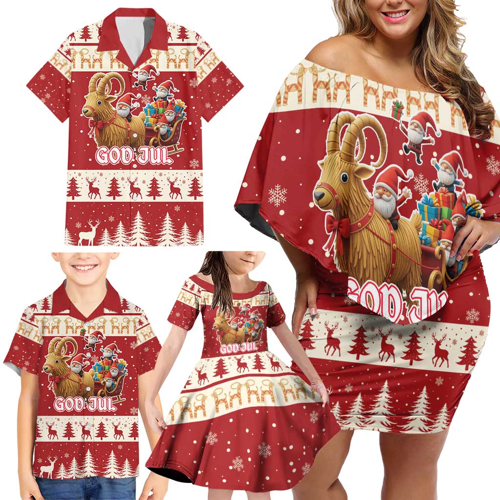 Sweden Christmas Family Matching Off Shoulder Short Dress and Hawaiian Shirt God Jul Nordic Julbock - Wonder Print Shop