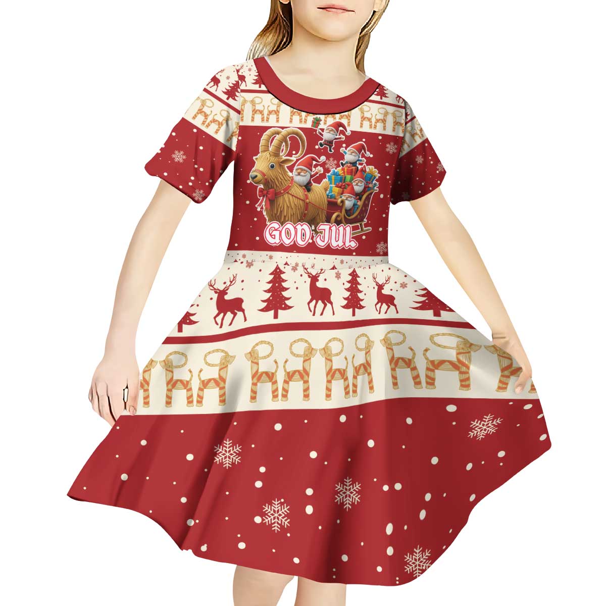Sweden Christmas Kid Short Sleeve Dress God Jul Nordic Julbock - Wonder Print Shop
