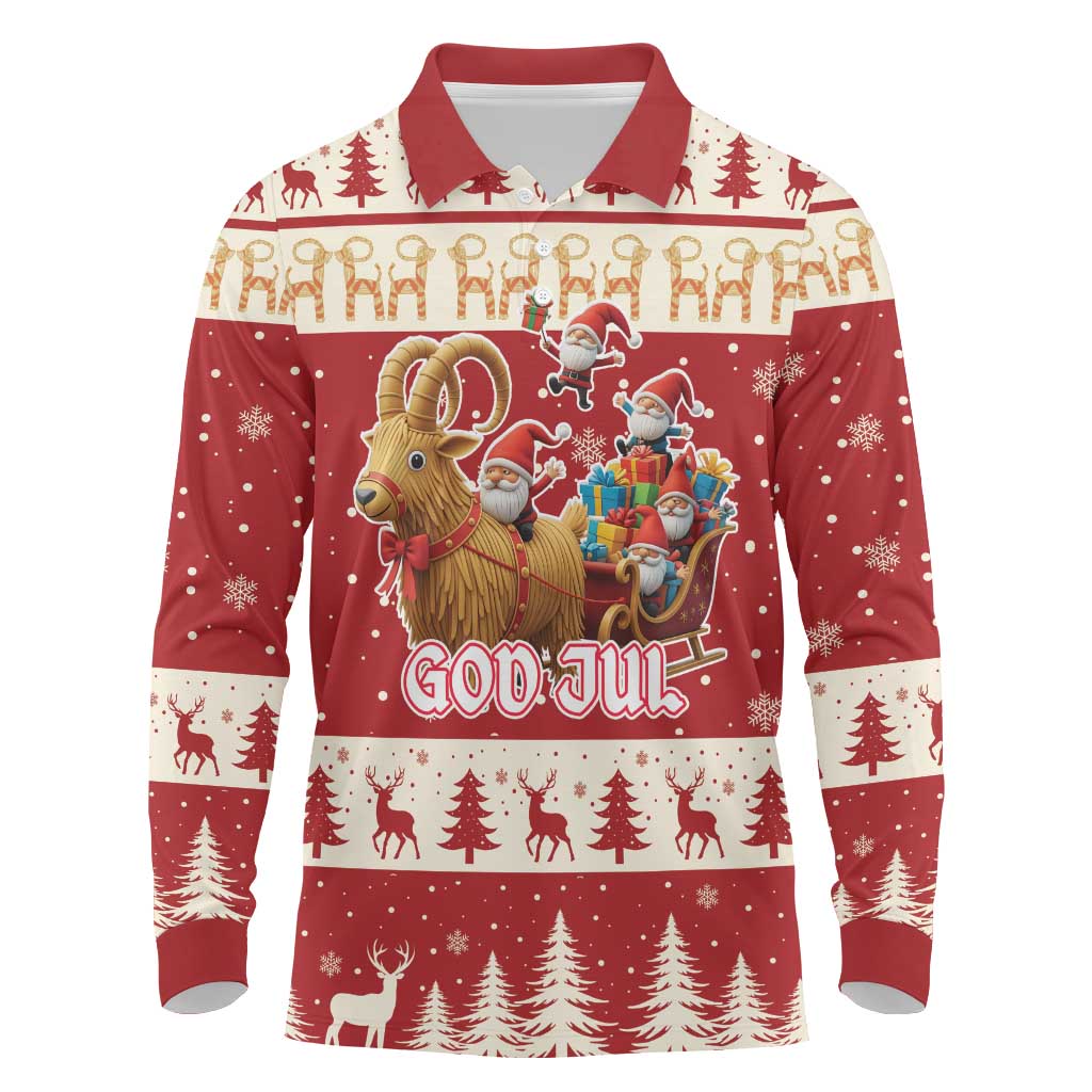 Sweden Christmas Long Sleeve Polo Shirt God Jul Nordic Julbock - Wonder Print Shop